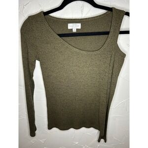 Lucky Brand XS Olive Green Ribbed Knit‎ Cold Shoulder Long Sleeve Top
